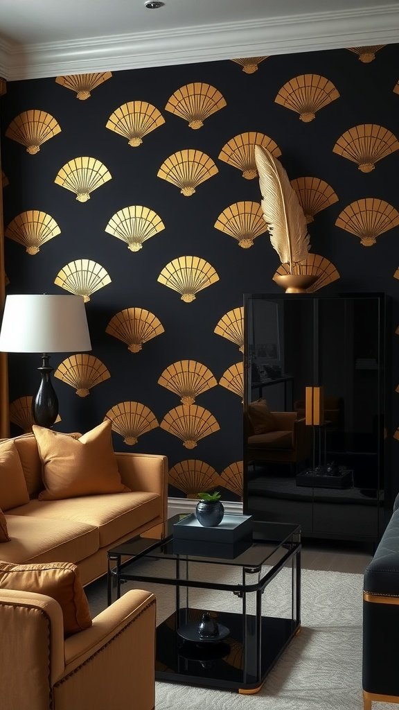 Living room with fan motif wallpaper and orange sofa