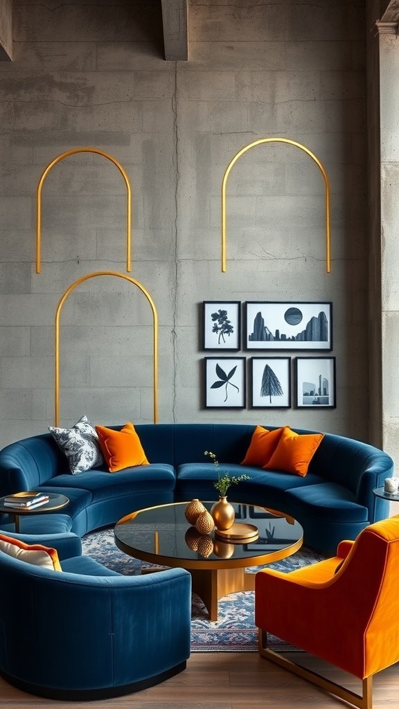 A stylish living room featuring a blue velvet sofa, bright orange accents, and an industrial concrete wall with golden arches.