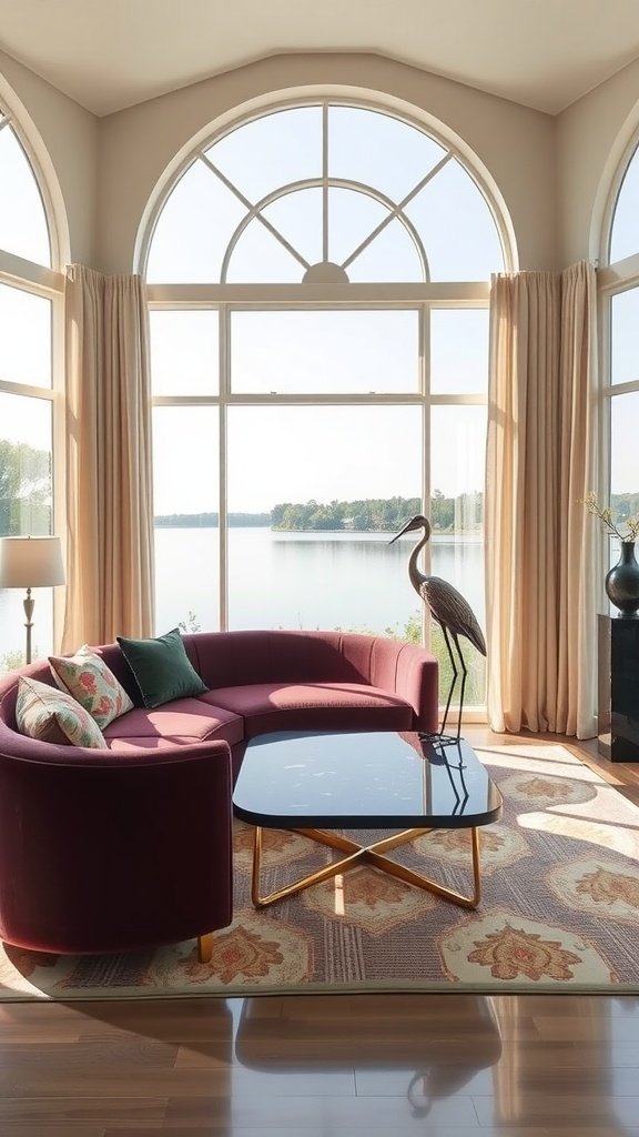 A stylish lakeside living room featuring a curved burgundy sofa, black glass coffee table, and large windows with a view of the lake.