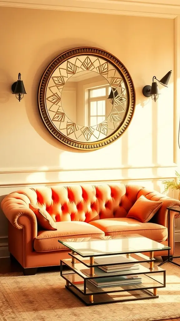 A cozy living room featuring an orange tufted sofa, a round decorative mirror, and sleek glass coffee table, illuminated by warm golden hour light.