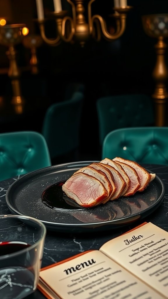 A gourmet dish of sliced duck breast served with a dark plum sauce and garnished with herbs.