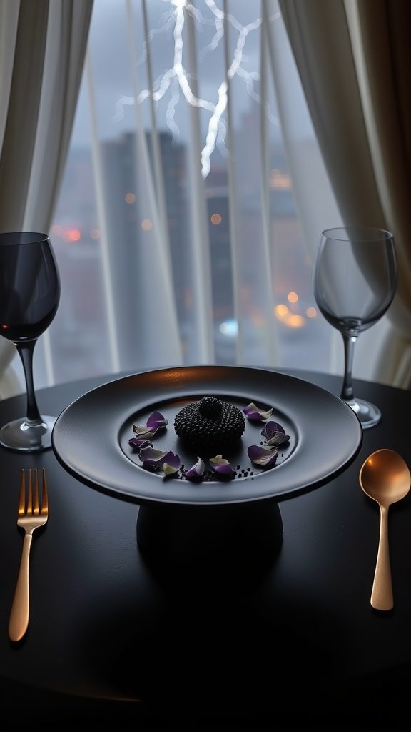 A gourmet dish featuring caviar on a black porcelain plate, garnished with edible flowers and lemon zest.