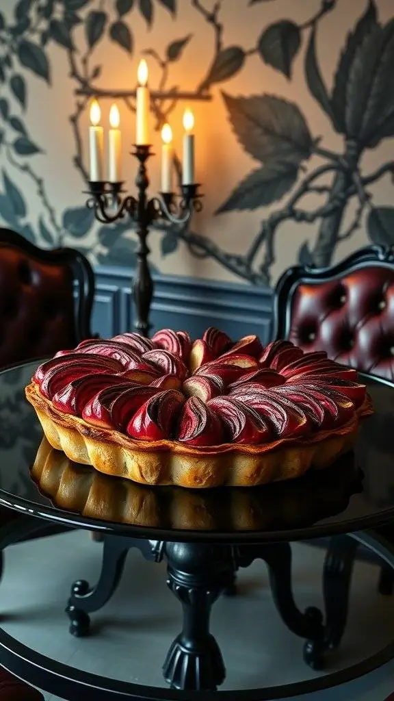 A beautifully arranged Poison Apple Tarte Tatin with a spiced wine glaze, elegantly presented on a table.