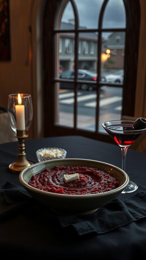 A bowl of beet risotto with a candle and a glass of wine on a table