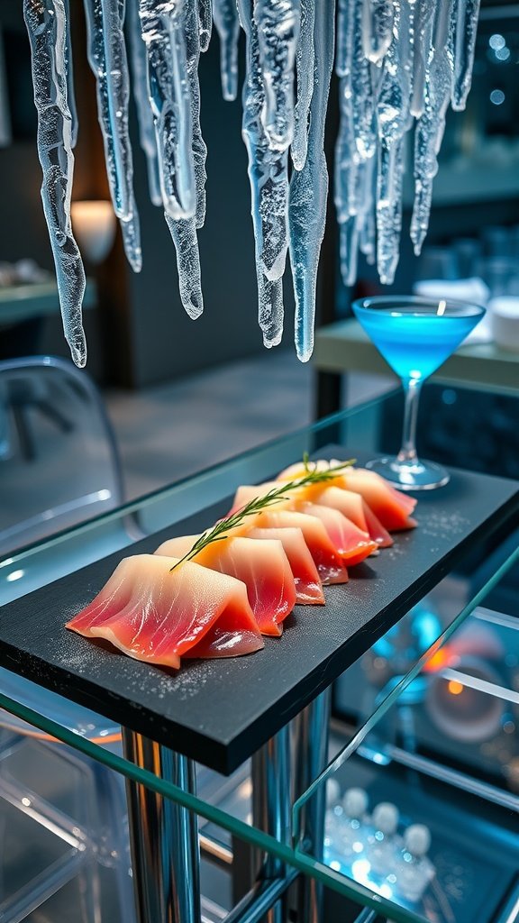 A beautifully arranged platter of truffle sashimi garnished with fresh herbs, conveying a high-end culinary experience.
