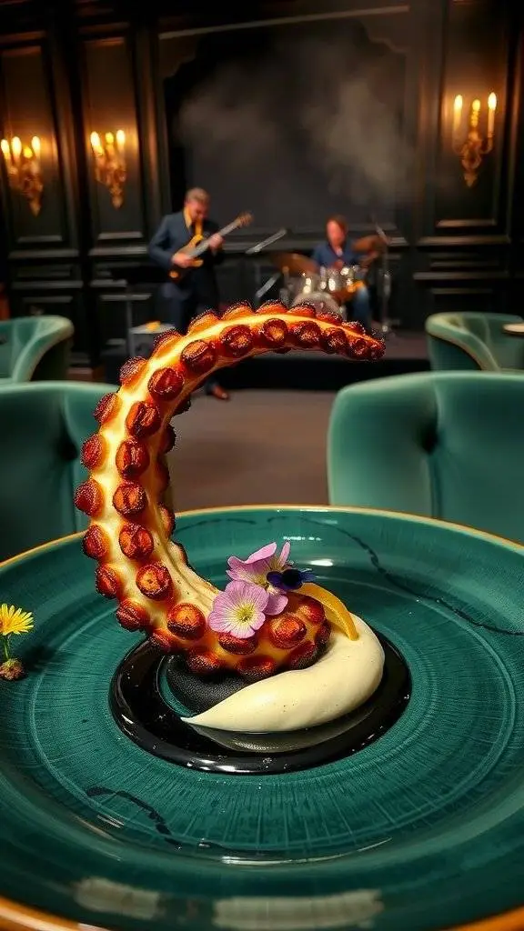 A beautifully plated dish of charred octopus with ink aioli, garnished with edible flowers.