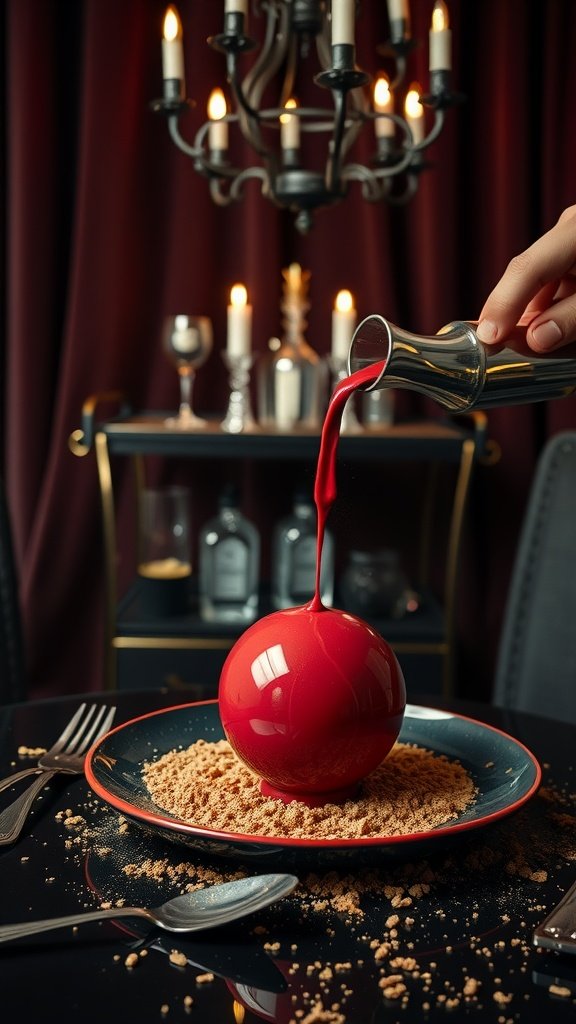 A rich crimson chocolate dessert with a melted shell being poured over with hot espresso, served on a decorative plate.