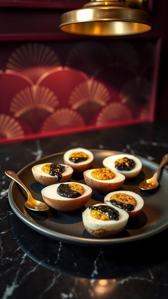 A plate of smoked quail eggs with black garlic aioli