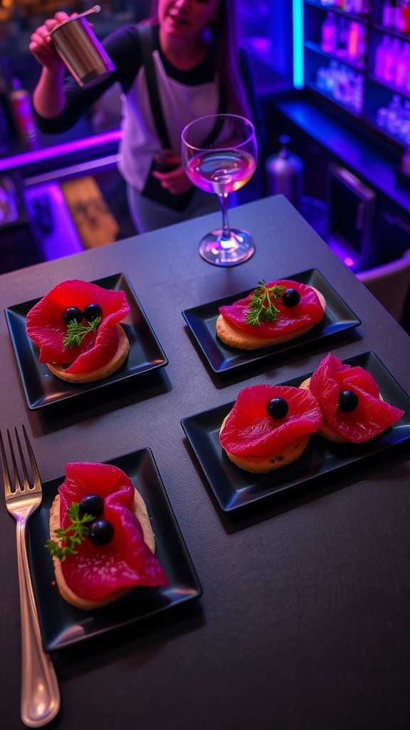 A stylish plate of crimson-beet cured salmon on charcoal blinis, garnished with dill and olives, served in a high-end setting.