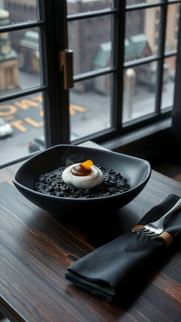 A bowl of black risotto topped with truffle foam and garnished with an orange slice.