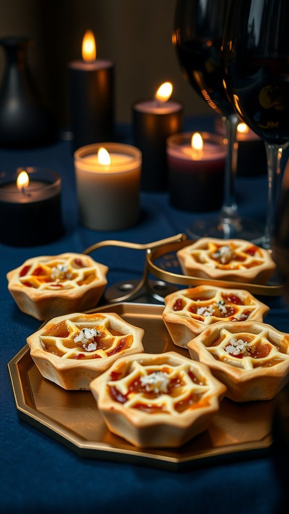 Caramelized onion and goat cheese tartlets in charcoal crusts, presented on a gold tray.