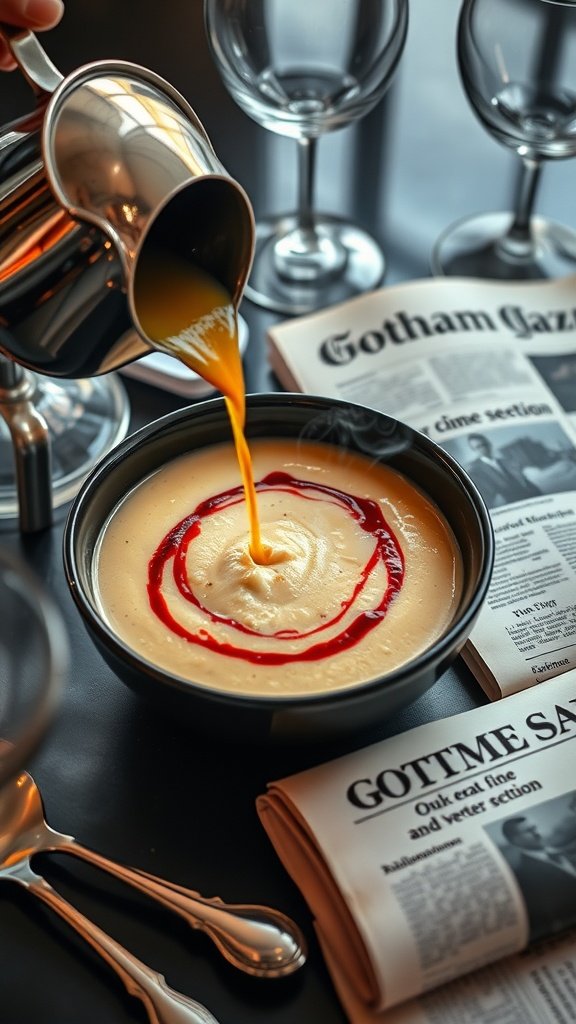 A bowl of lobster bisque ready to be served, garnished and creamy.
