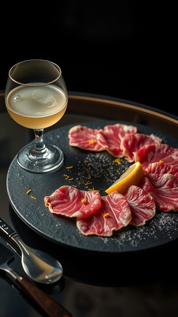 Cold case carpaccio featuring thinly sliced Wagyu beef and garnished with lemon dust and microgreens.