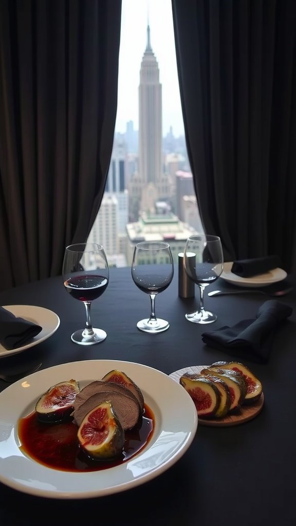 A beautifully plated dish of seared duck breast with a rich fig glaze, garnished with fresh figs, set against an urban backdrop.