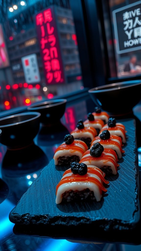 A stylish presentation of nigiri featuring sea urchin and caviar on black rice.