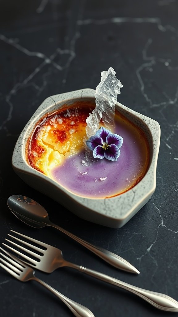 Crooked creme brulee with a shattered sugar top, garnished with a flower.