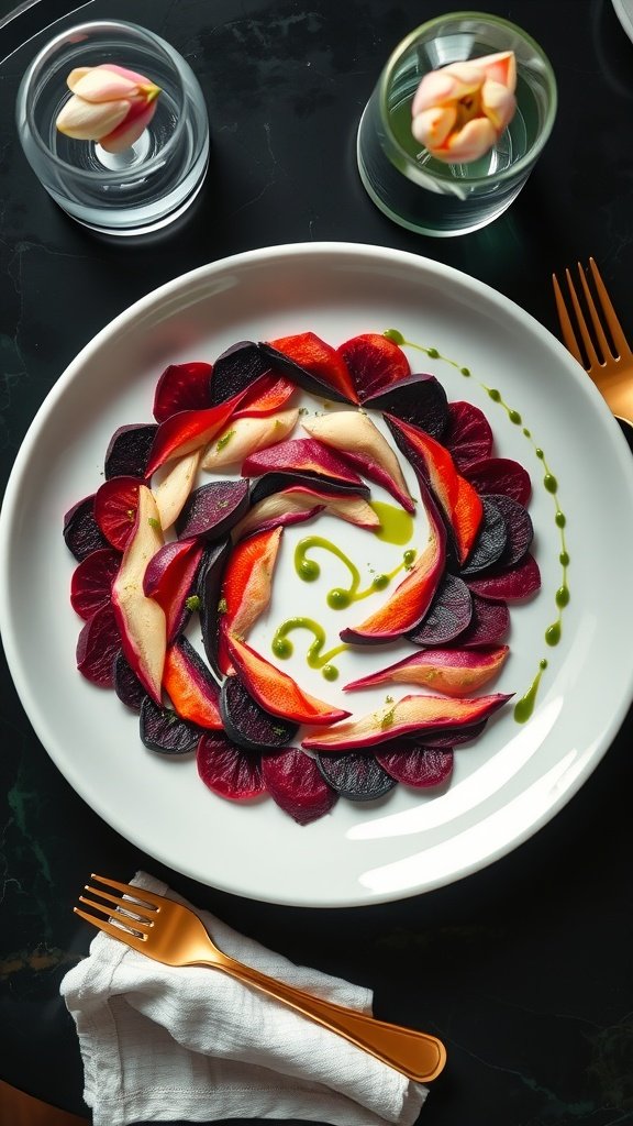 A colorful arrangement of sliced root vegetables forming a mosaic pattern on a white plate.
