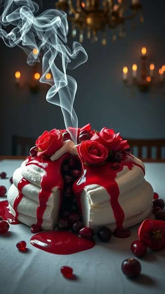 Pavlova dessert with cherries and smoke effect
