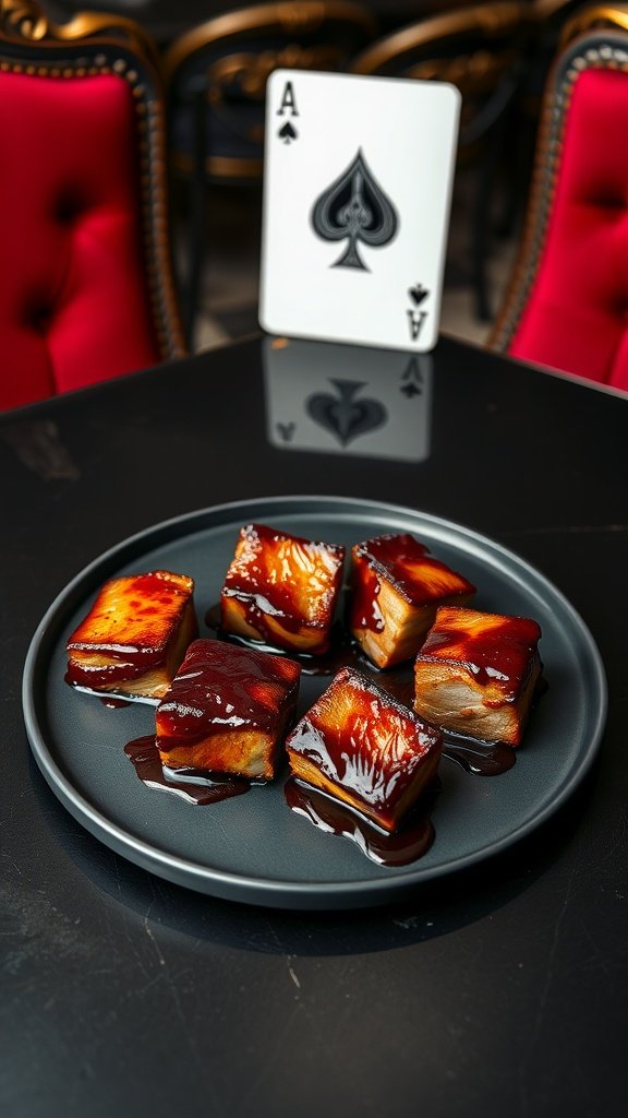 Pork belly cubes with charred apple glaze on a plate.
