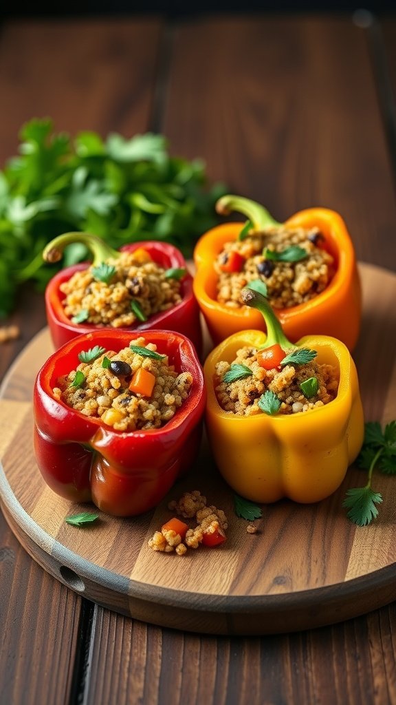 Colorful vegetable and quinoa stuffed peppers on a wooden board.