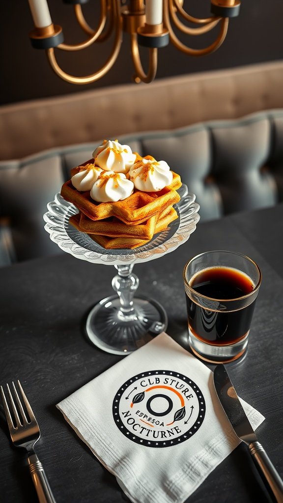 Whispered waffles served with spiced clotted cream and a cup of coffee.