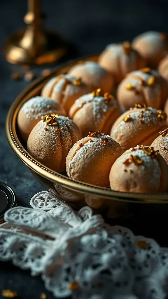 A plate of profiteroles filled with cognac custard, dusted with powdered sugar and garnished with gold leaf.