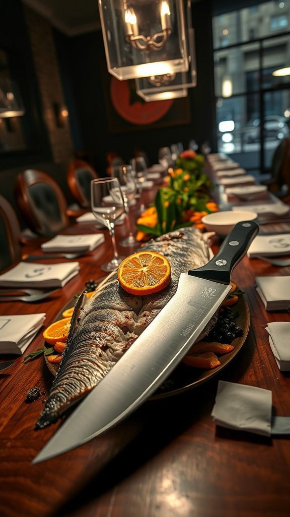 A beautifully cooked branzino fish garnished with citrus slices on a wooden table.