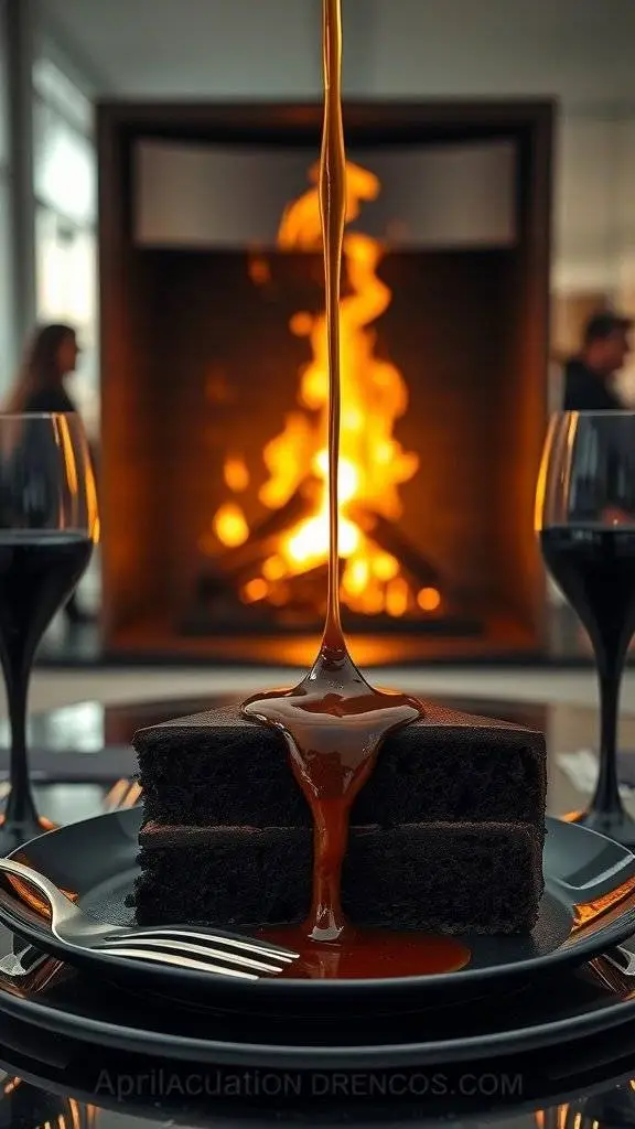 A rich chocolate cake with a flowing caramel core, set in a cozy dining atmosphere.