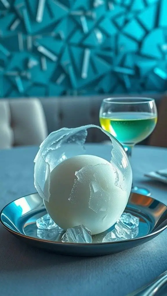 A stylish dessert featuring a sorbet inside a delicate shell.