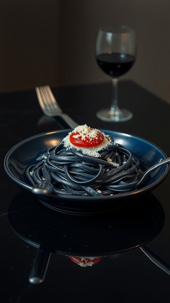 Ink-black pasta with tomato foam and cheese