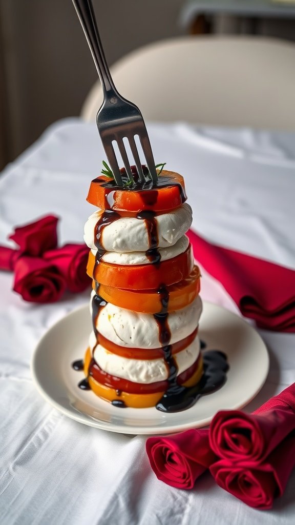 A layered Caprese tower featuring ricotta cheese, heirloom tomatoes, and a dark glaze.