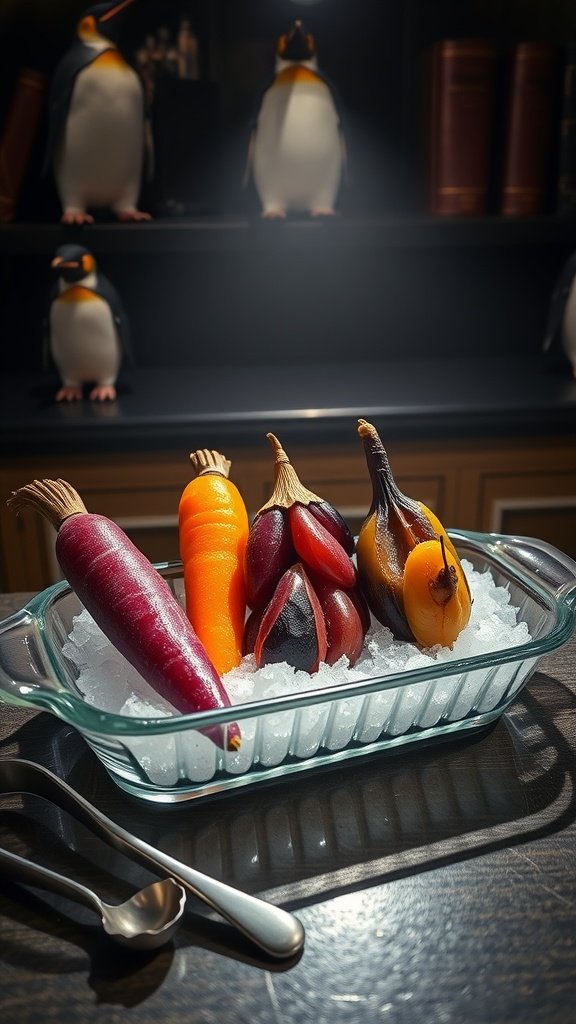 A colorful variety of pickled vegetables arranged elegantly, showcasing vibrant colors and textures.