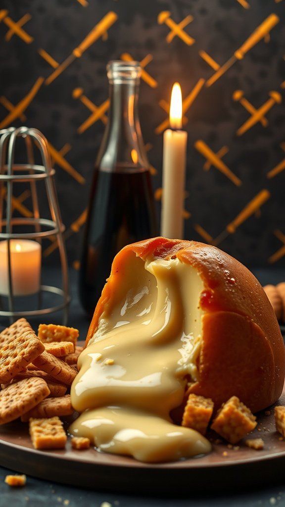 Smoked Cheese Bombe served with crunchy crackers and honeycomb glass.