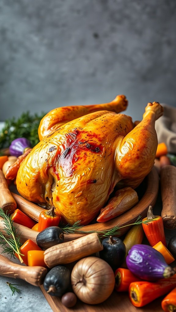 A golden roasted chicken served with a variety of colorful root vegetables.