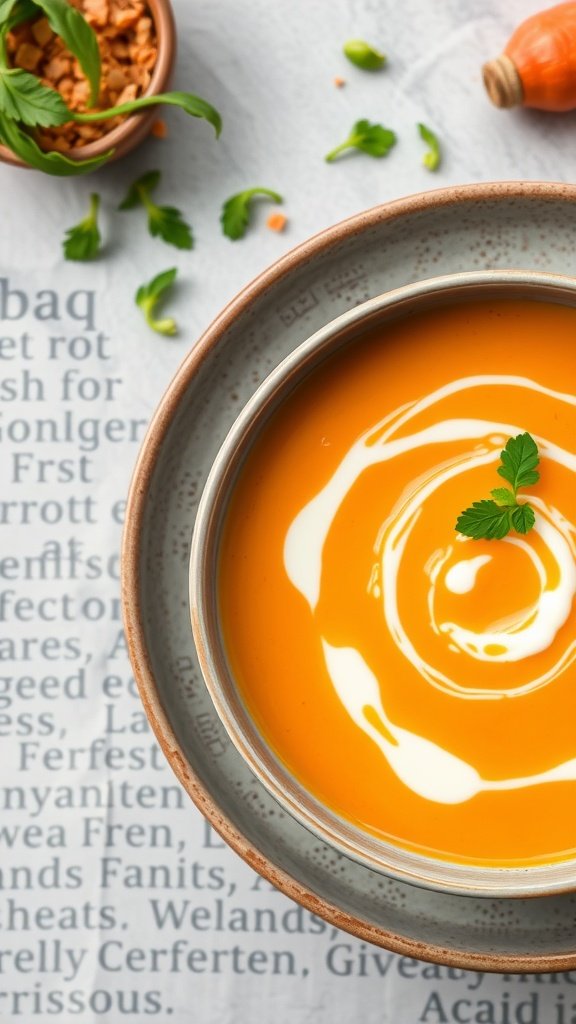 A bowl of creamy carrot and ginger soup topped with a swirl of cream and fresh herbs.