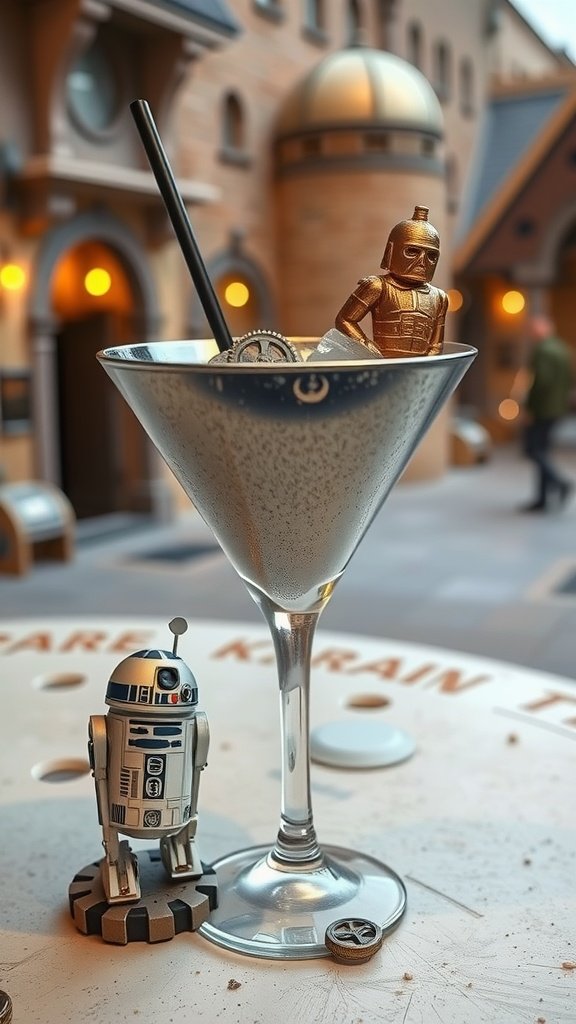 A colorful cocktail named Droid Delight, featuring blue hues and garnished with a lemon twist.