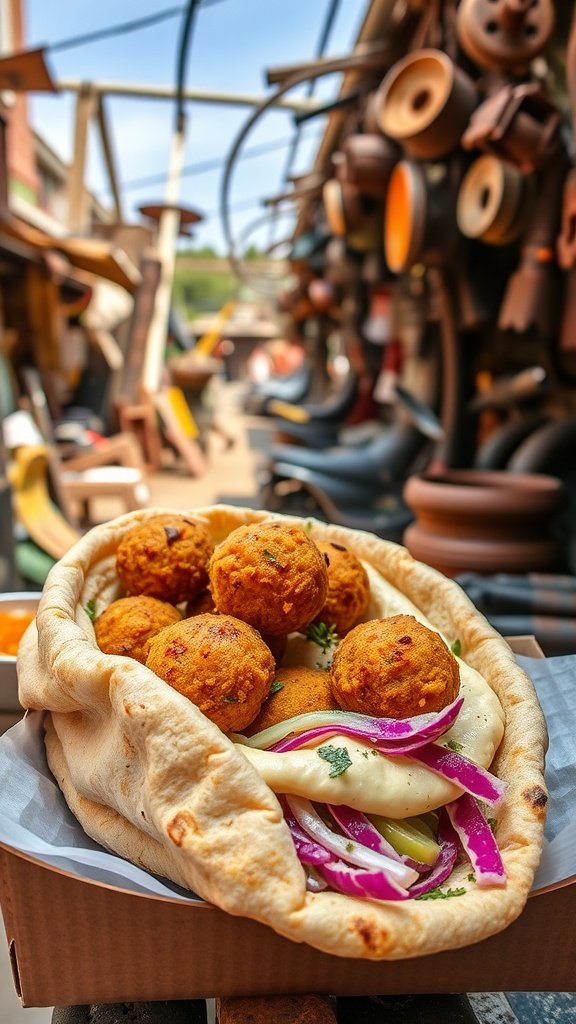 Jakku Spiced Falafel Pockets with crispy falafel balls, fresh vegetables, and a drizzle of sauce in warm pita bread.