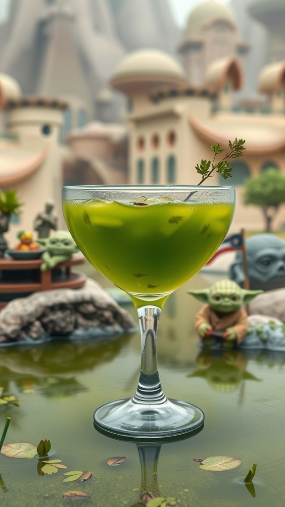 A refreshing green cocktail garnished with a mint sprig, inspired by Yoda from Star Wars.