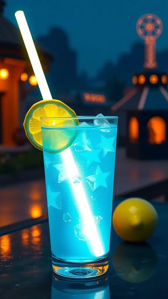 A vibrant lemonade cocktail resembling a lightsaber from Star Wars, garnished with lemon.