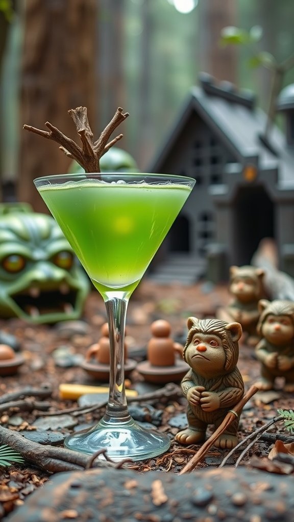 A vibrant green cocktail in a martini glass, garnished with a stick and set among forest-themed decorations.