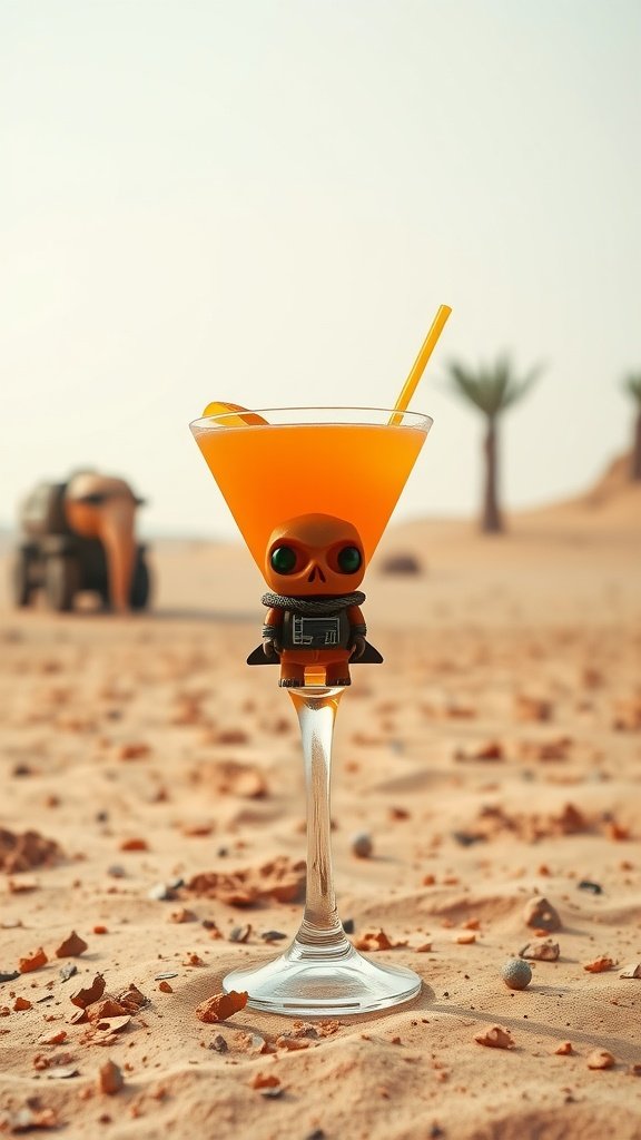 A vibrant cocktail named Jawa Juice with bright colors, garnished with an orange slice.