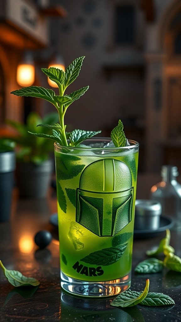 A vibrant green Mojito with mint leaves, served in a glass with a Mandalorian design.