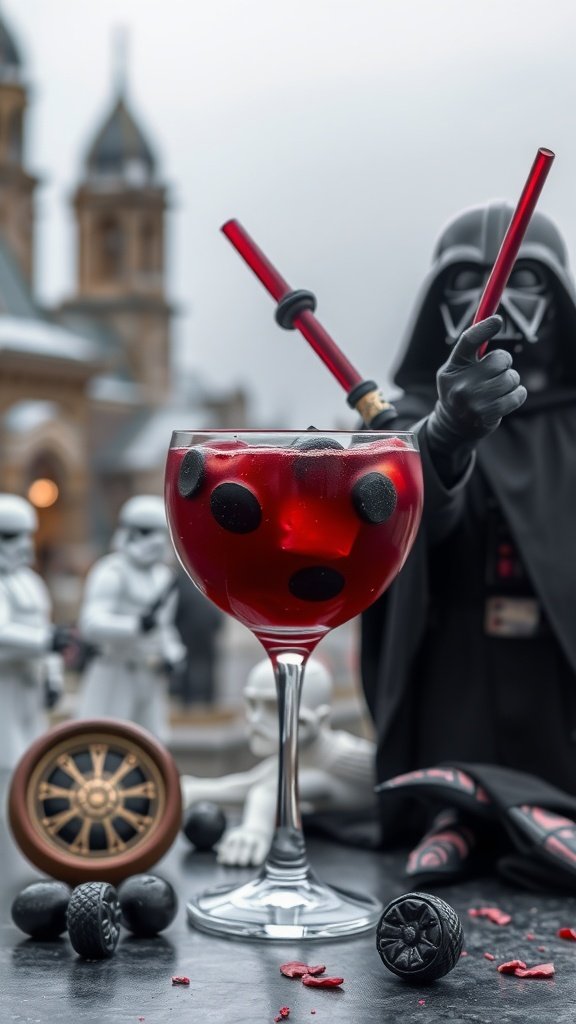 A dark red cocktail with fruit pieces in a glass, themed around the Sith.