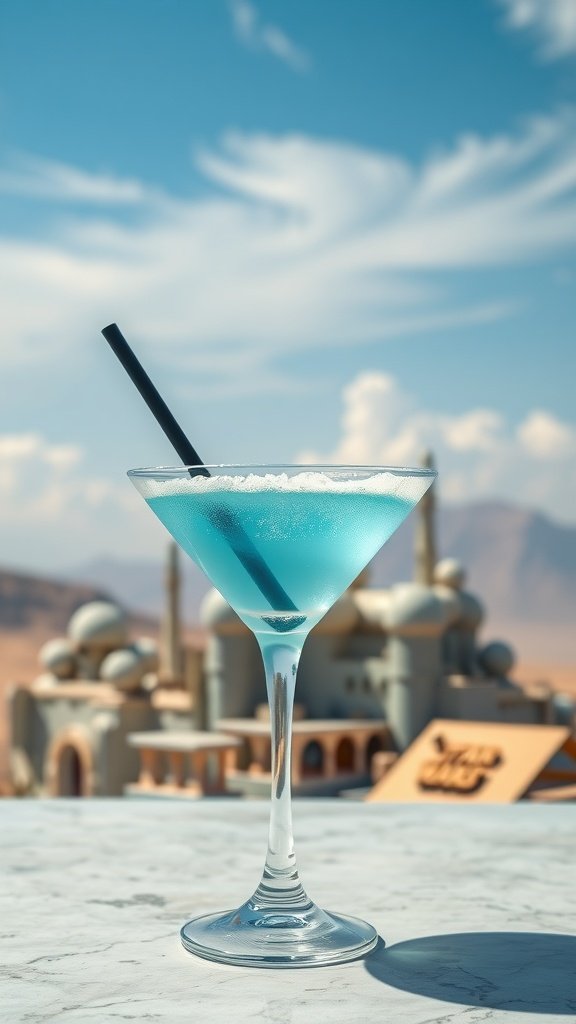A bright blue cocktail served in a martini glass, garnished with a lemon slice.