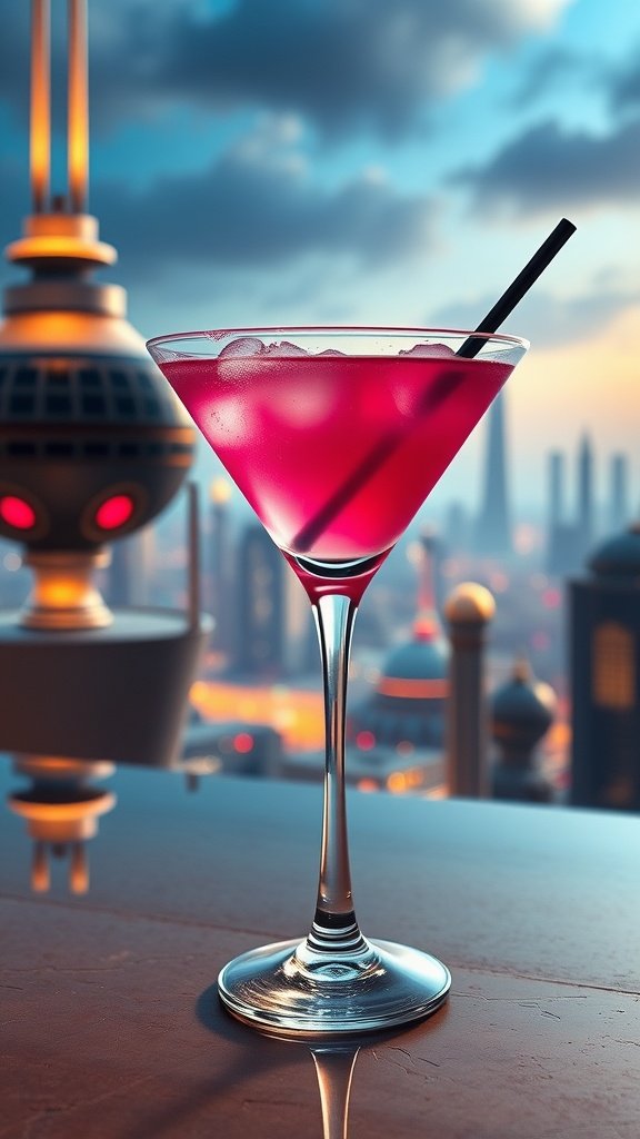 A vibrant pink cocktail in a sleek martini glass, set against a backdrop of a futuristic city skyline.