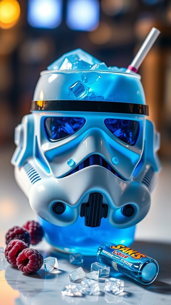 A colorful Clone Trooper-themed cocktail with blue hues, garnished with blueberries.