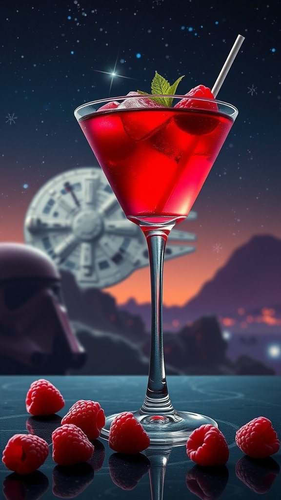 A colorful raspberry cocktail garnished with mint and fresh raspberries.