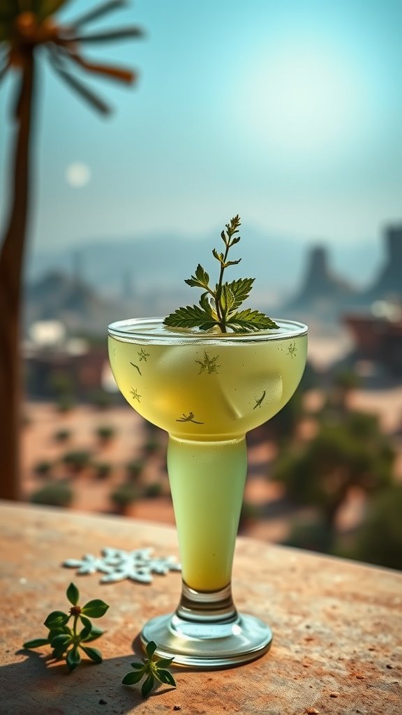 A refreshing Dantooine Dream cocktail in a stylish glass, garnished with mint leaves and served with a lime wheel.