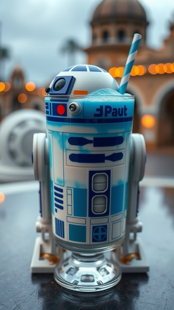 A colorful R2-D2 themed drink with layers of blue soda and coconut cream