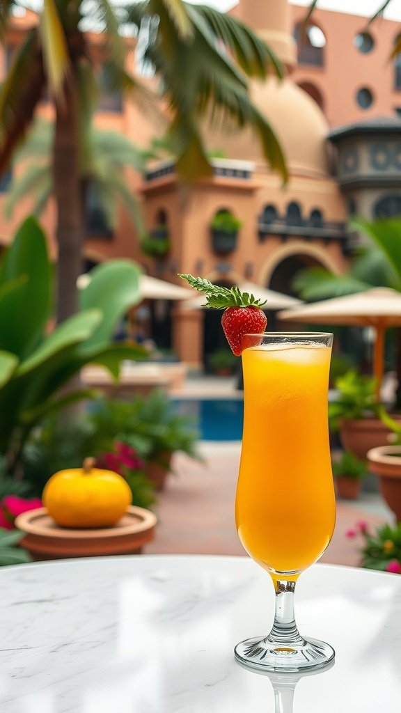 A colorful cocktail resembling a tropical drink, featuring bright orange hues and garnished with a strawberry.